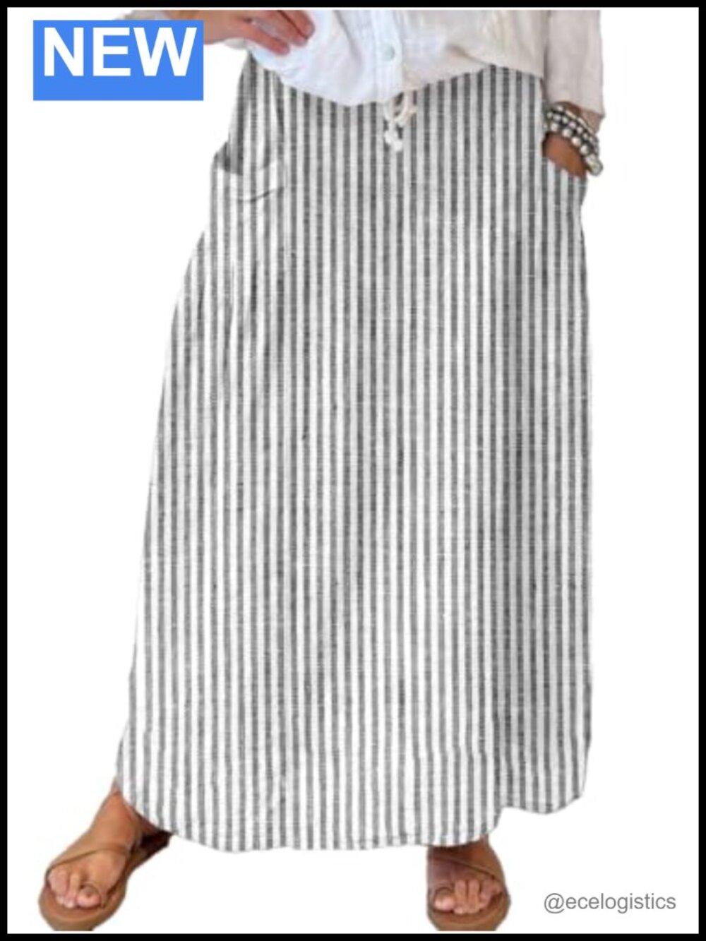 Women's Vertical Striped High Waist Maxi Skirt Floral Cotton Long Skirt with